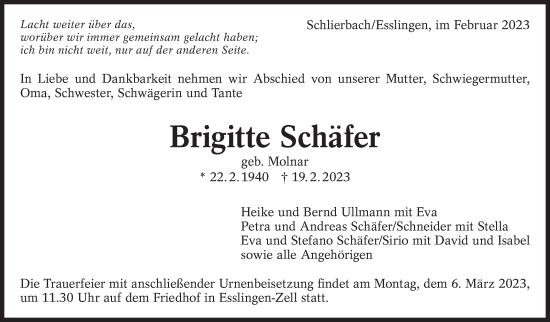 Traueranzeige von Brigitte Schäfer von Eßlinger Zeitung/Cannstatter Zeitung