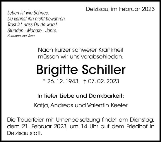 Traueranzeige von Brigitte Schiller von Eßlinger Zeitung/Cannstatter Zeitung