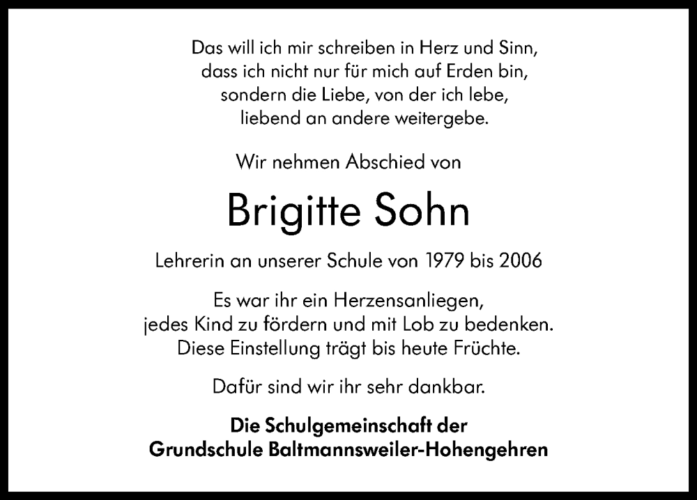  Traueranzeige für Brigitte Sohn vom 31.01.2023 aus Eßlinger Zeitung/Cannstatter Zeitung