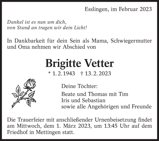Traueranzeige von Brigitte Vetter von Eßlinger Zeitung/Cannstatter Zeitung