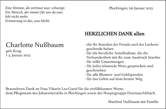 Traueranzeige von Charlotte Nußbaum von Eßlinger Zeitung/Cannstatter Zeitung