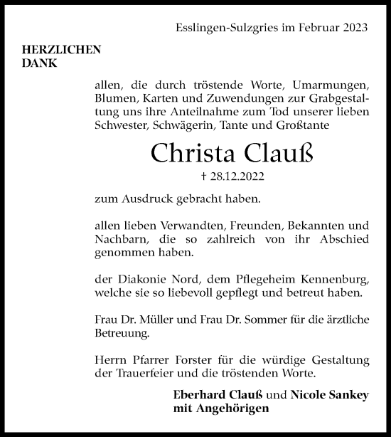 Traueranzeige von Christa Clauß von Eßlinger Zeitung/Cannstatter Zeitung
