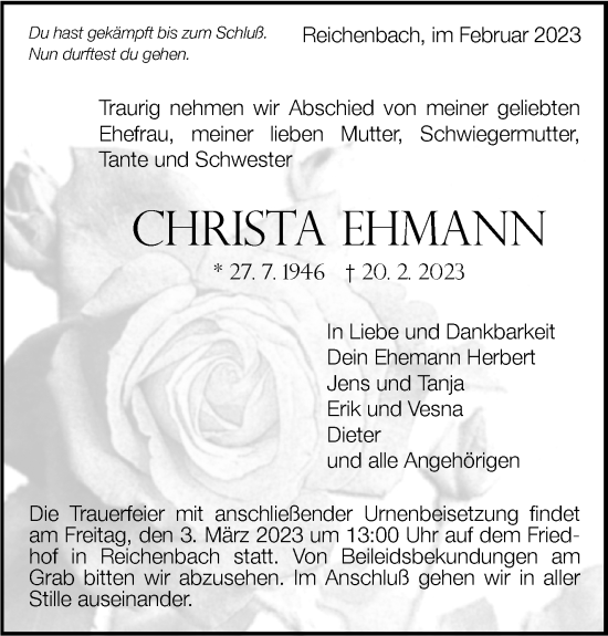 Traueranzeige von Christa Ehmann von Eßlinger Zeitung/Cannstatter Zeitung