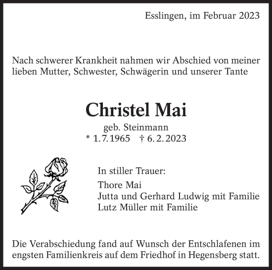 Traueranzeige von Christel Mai von Eßlinger Zeitung/Cannstatter Zeitung