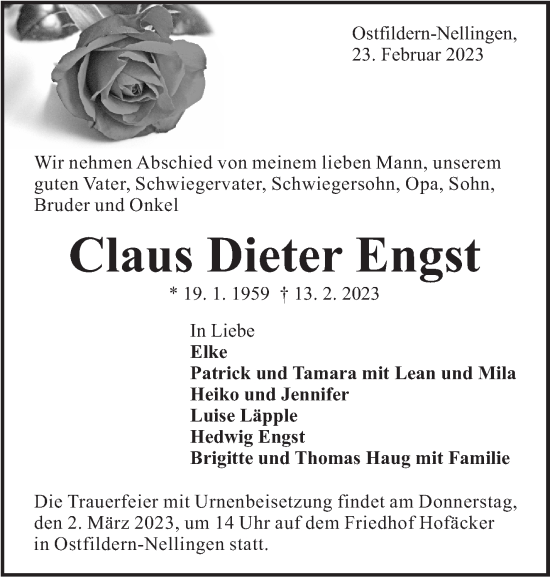 Traueranzeige von Claus Dieter Engst von Eßlinger Zeitung/Cannstatter Zeitung