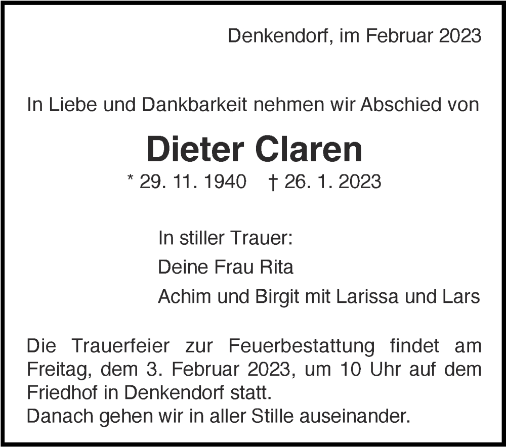  Traueranzeige für Dieter Claren vom 31.01.2023 aus Eßlinger Zeitung/Cannstatter Zeitung