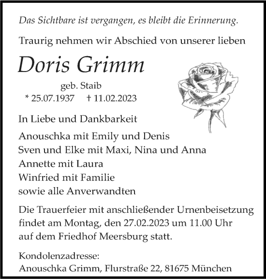 Traueranzeige von Doris Grimm von Eßlinger Zeitung/Cannstatter Zeitung