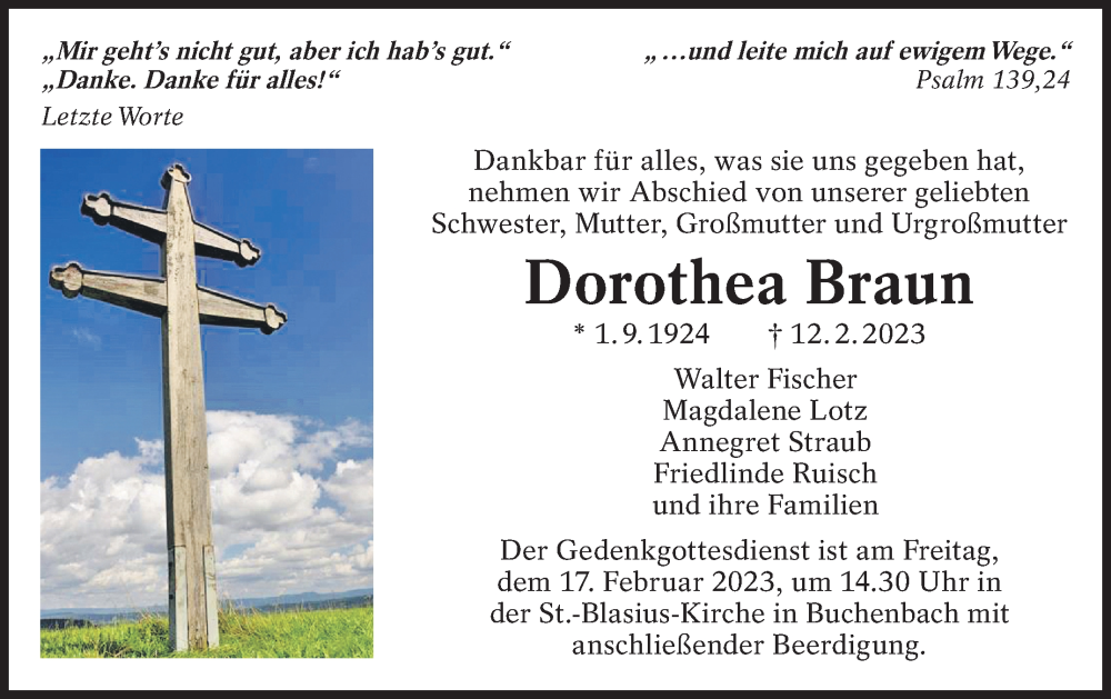  Traueranzeige für Dorothea Braun vom 16.02.2023 aus Eßlinger Zeitung/Cannstatter Zeitung