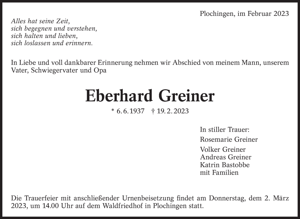  Traueranzeige für Eberhard Greiner vom 25.02.2023 aus Eßlinger Zeitung/Cannstatter Zeitung