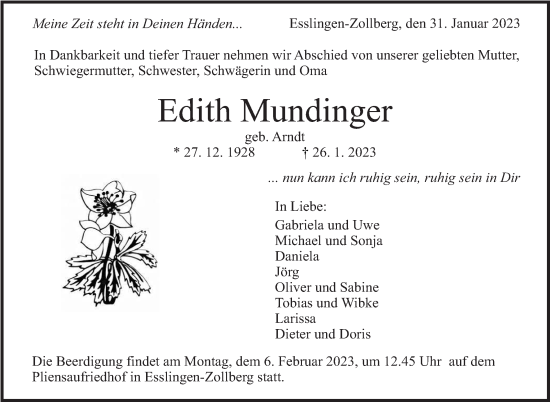 Traueranzeige von Edith Mundinger von Eßlinger Zeitung/Cannstatter Zeitung