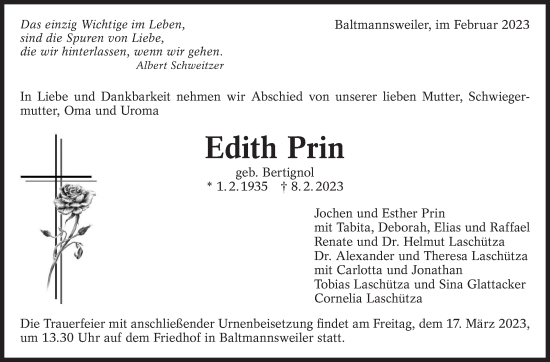 Traueranzeige von Edith Prin von Eßlinger Zeitung/Cannstatter Zeitung
