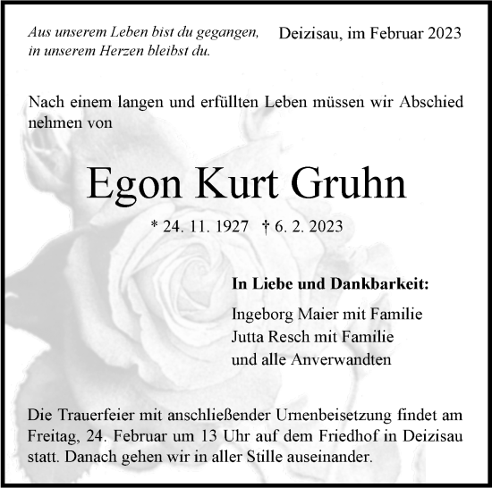 Traueranzeige von Egon Kurt Gruhn von Eßlinger Zeitung/Cannstatter Zeitung