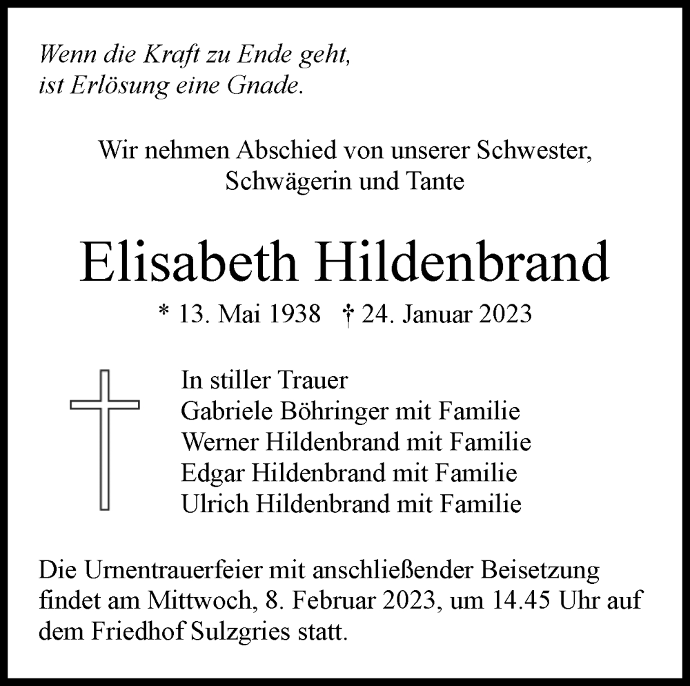  Traueranzeige für Elisabeth Hildenbrand vom 04.02.2023 aus Eßlinger Zeitung/Cannstatter Zeitung
