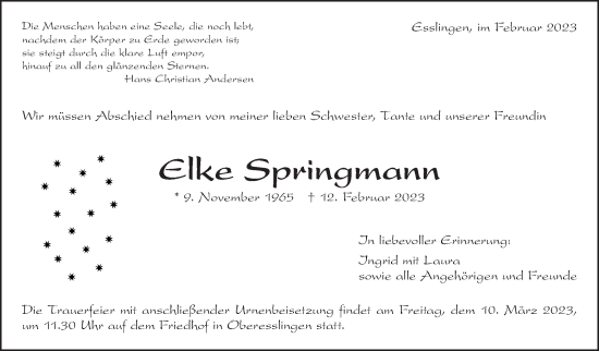Traueranzeige von Elke Springmann von Eßlinger Zeitung/Cannstatter Zeitung