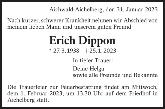 Traueranzeige von Erich Dippon von Eßlinger Zeitung/Cannstatter Zeitung