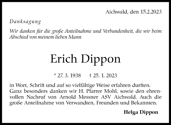 Traueranzeige von Erich Dippon von Eßlinger Zeitung/Cannstatter Zeitung