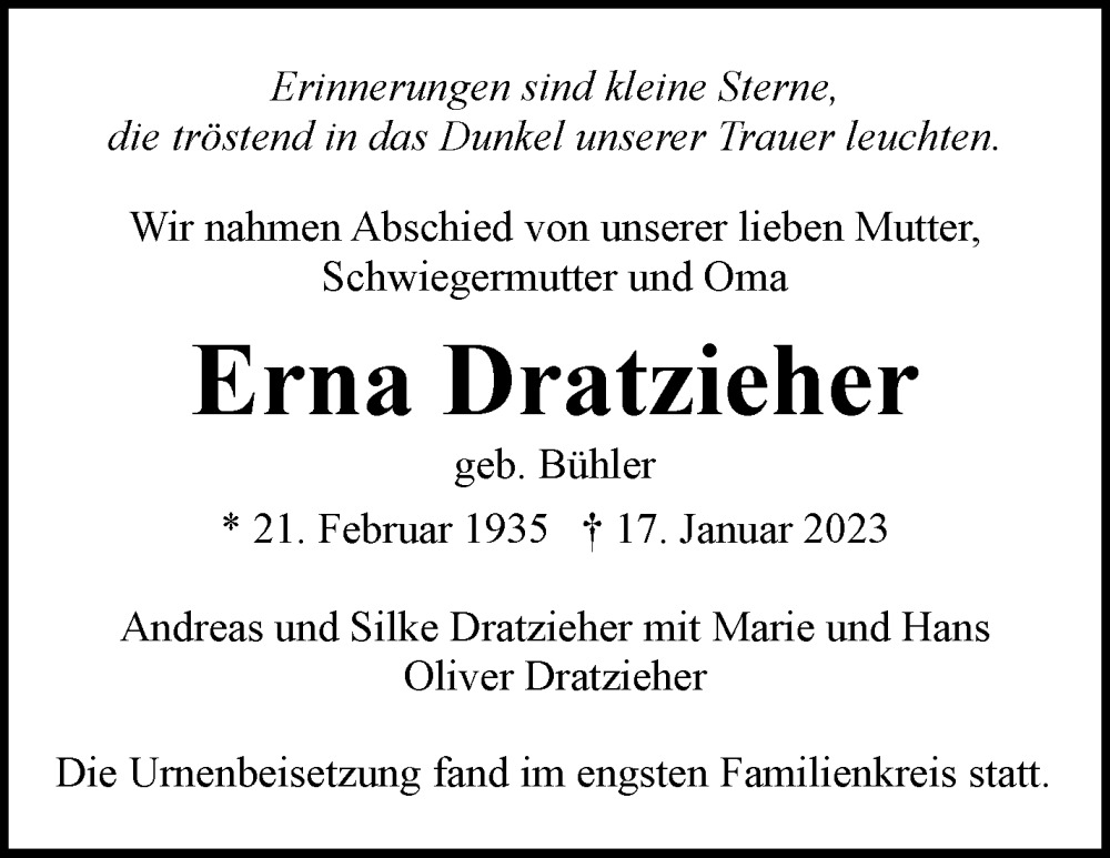  Traueranzeige für Erna Dratzieher vom 10.02.2023 aus Eßlinger Zeitung/Cannstatter Zeitung