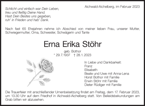 Traueranzeige von Erna Erika Stöhr von Eßlinger Zeitung/Cannstatter Zeitung