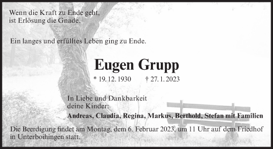 Traueranzeige von Eugen Grupp von Eßlinger Zeitung/Cannstatter Zeitung