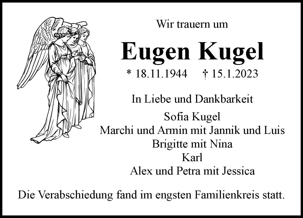  Traueranzeige für Eugen Kugel vom 03.02.2023 aus Eßlinger Zeitung/Cannstatter Zeitung