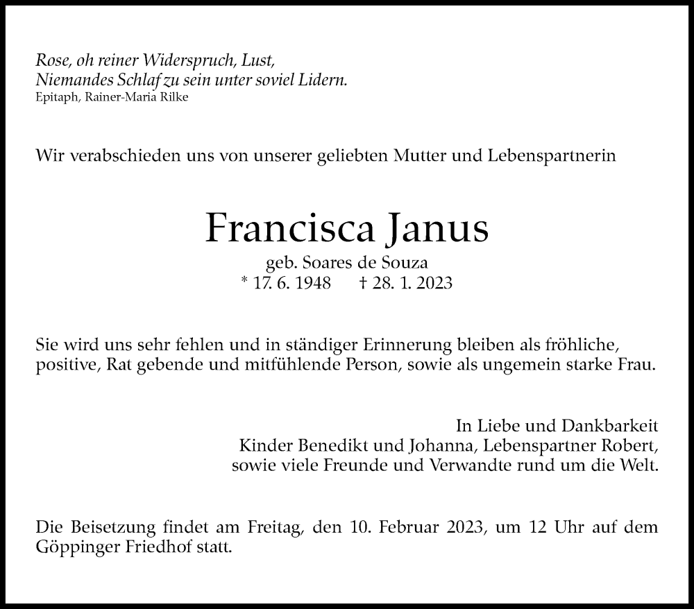  Traueranzeige für Francisca Janus vom 04.02.2023 aus Eßlinger Zeitung/Cannstatter Zeitung