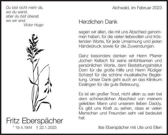 Traueranzeige von Fritz Eberspächer von Eßlinger Zeitung/Cannstatter Zeitung