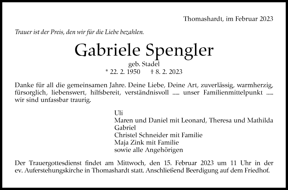  Traueranzeige für Gabriele Spengler vom 13.02.2023 aus Eßlinger Zeitung/Cannstatter Zeitung