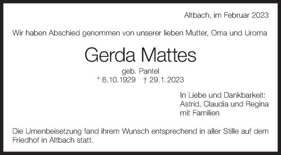 Traueranzeige von Gerda Mattes von Eßlinger Zeitung/Cannstatter Zeitung