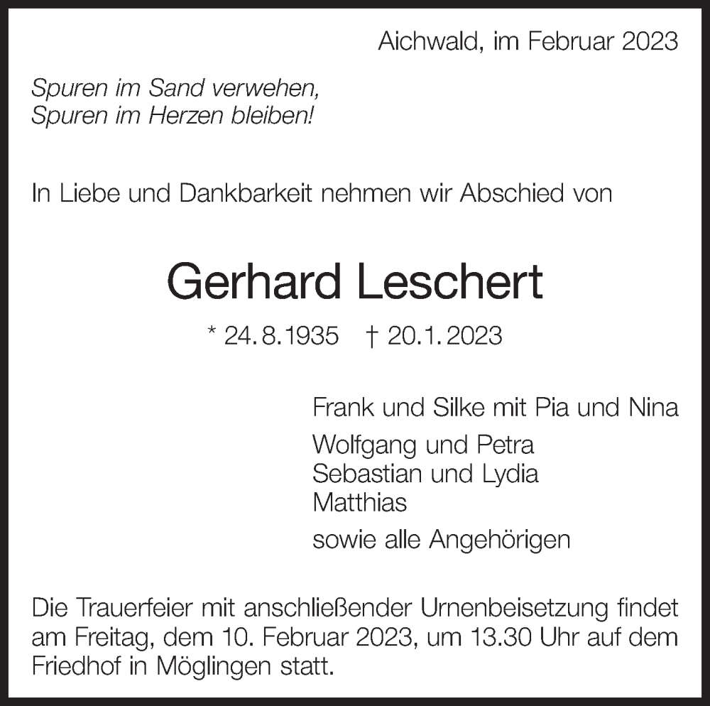  Traueranzeige für Gerhard Leschert vom 04.02.2023 aus Eßlinger Zeitung/Cannstatter Zeitung