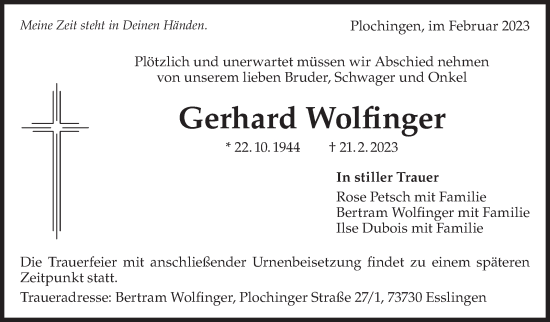 Traueranzeige von Gerhard Wolfinger von Eßlinger Zeitung/Cannstatter Zeitung