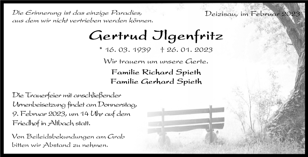  Traueranzeige für Gertrud Ilgenfritz vom 04.02.2023 aus Eßlinger Zeitung/Cannstatter Zeitung