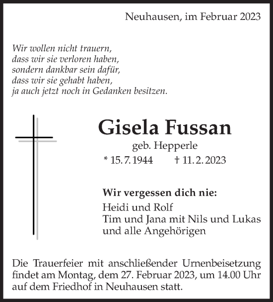 Traueranzeige von Gisela Fussan von Eßlinger Zeitung/Cannstatter Zeitung