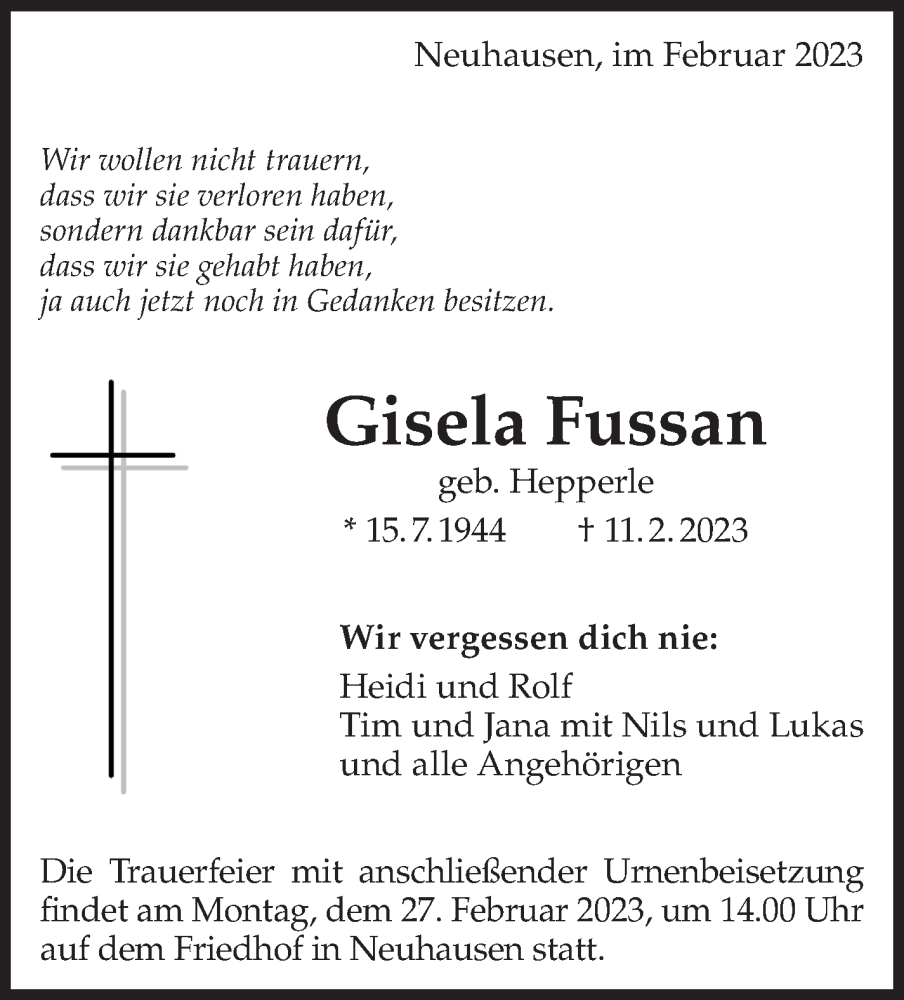  Traueranzeige für Gisela Fussan vom 25.02.2023 aus Eßlinger Zeitung/Cannstatter Zeitung