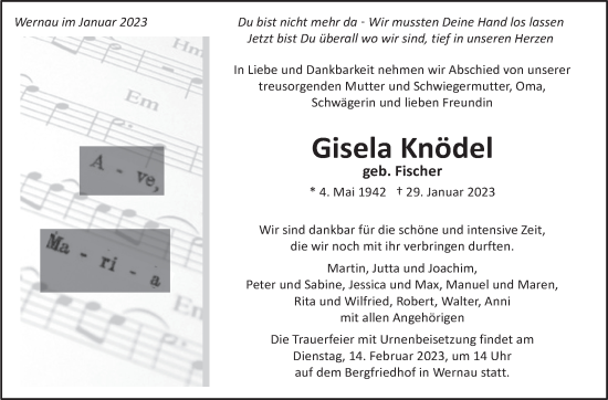 Traueranzeige von Gisela Knödel von Eßlinger Zeitung/Cannstatter Zeitung