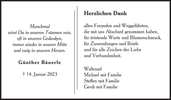 Traueranzeige von Günther Bäuerle von Eßlinger Zeitung/Cannstatter Zeitung