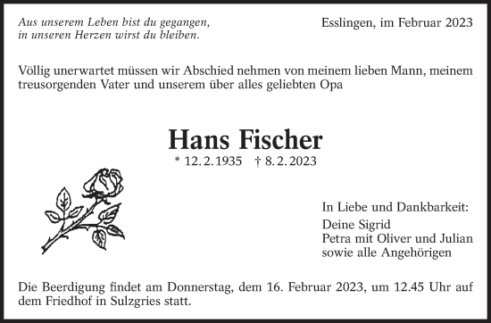 Traueranzeige von Hans Fischer von Eßlinger Zeitung/Cannstatter Zeitung