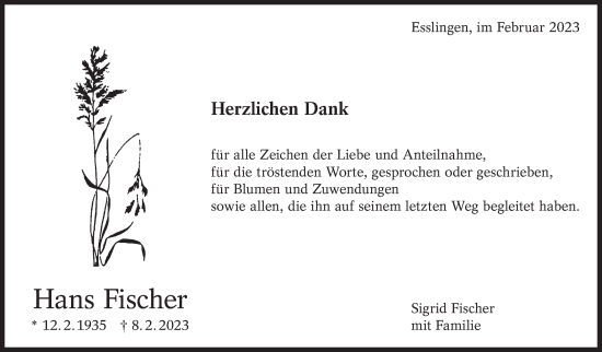 Traueranzeige von Hans Fischer von Eßlinger Zeitung/Cannstatter Zeitung