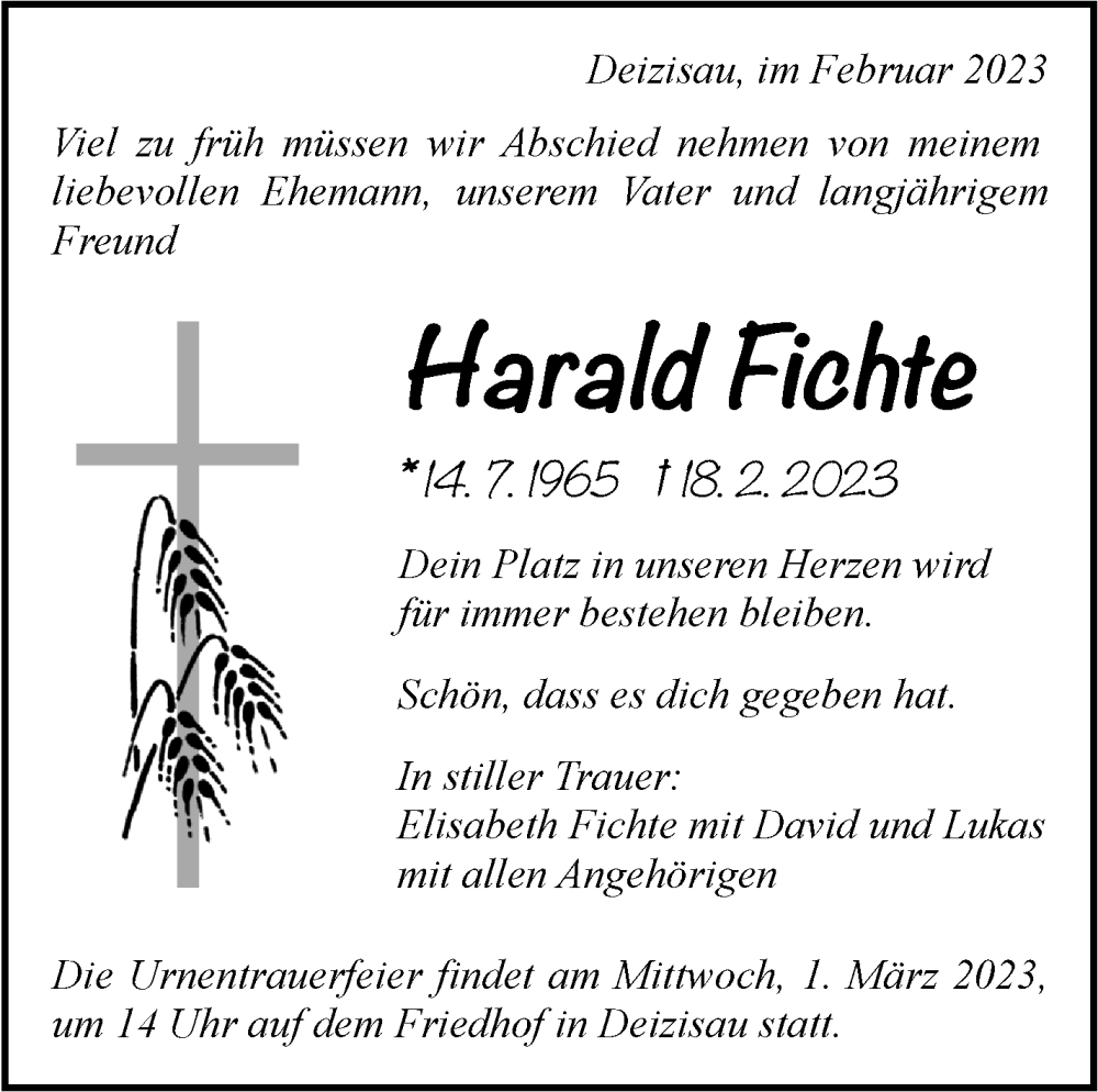  Traueranzeige für Harald Fichte vom 24.02.2023 aus Eßlinger Zeitung/Cannstatter Zeitung