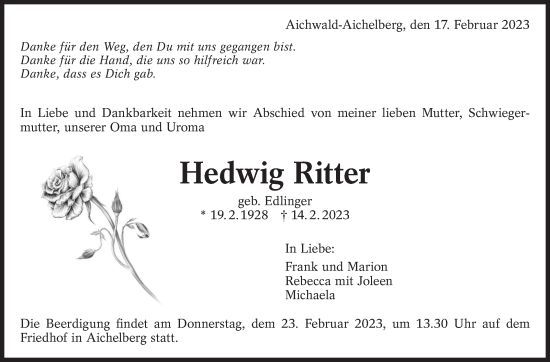 Traueranzeige von Hedwig Ritter von Eßlinger Zeitung/Cannstatter Zeitung