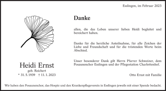 Traueranzeige von Heidi Ernst von Eßlinger Zeitung/Cannstatter Zeitung