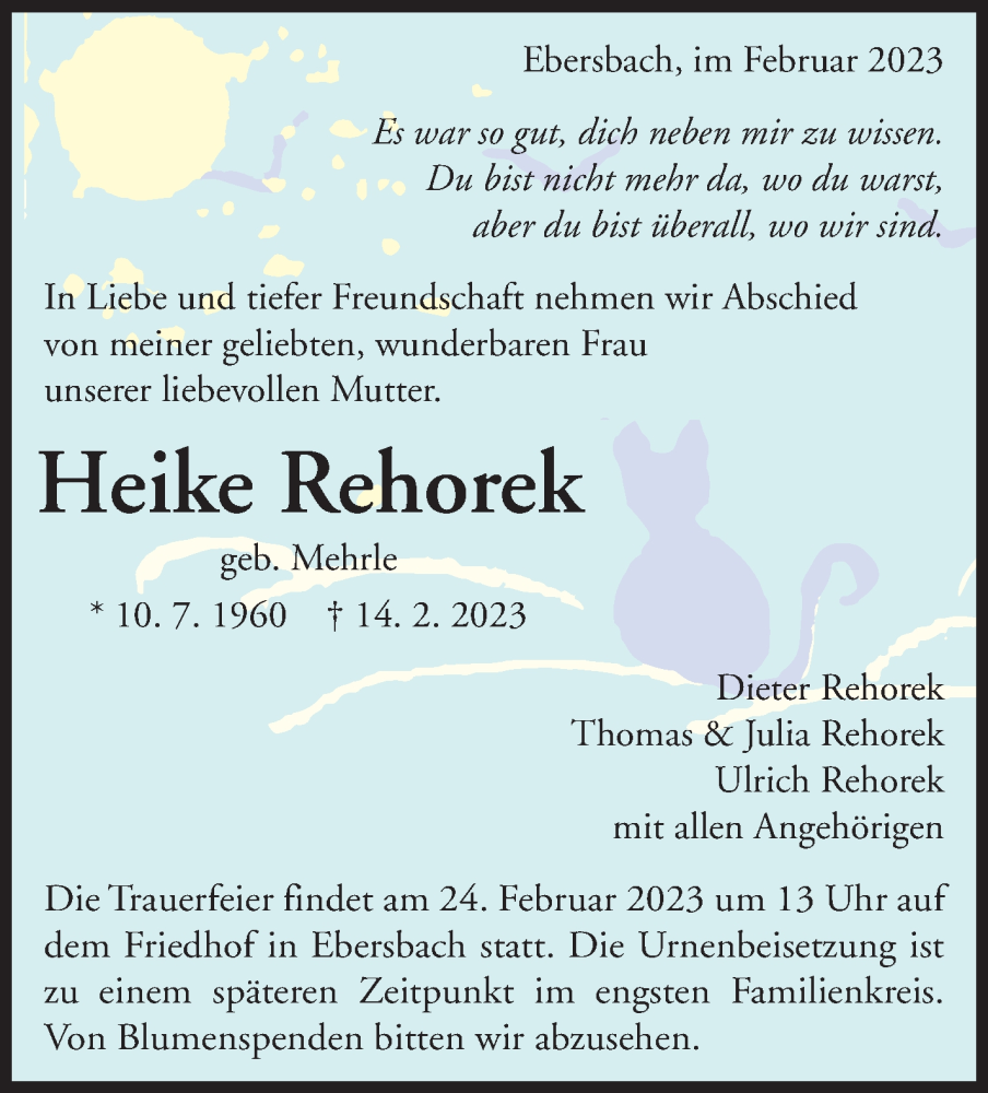 Traueranzeige für Heike Rehorek vom 18.02.2023 aus Eßlinger Zeitung/Cannstatter Zeitung