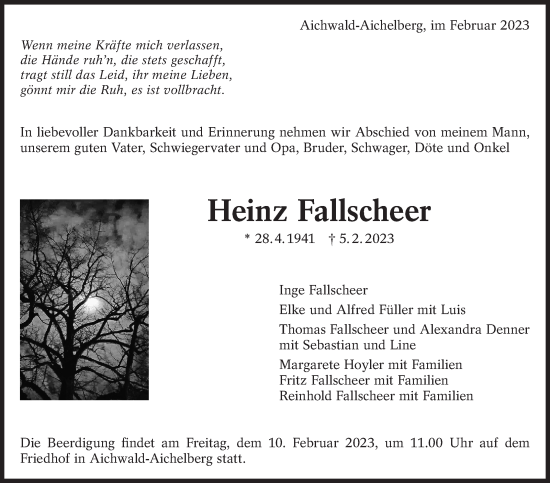 Traueranzeige von Heinz Fallscheer von Eßlinger Zeitung/Cannstatter Zeitung