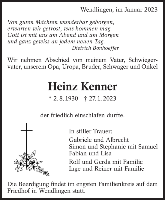 Traueranzeige von Heinz Kenner von Eßlinger Zeitung/Cannstatter Zeitung