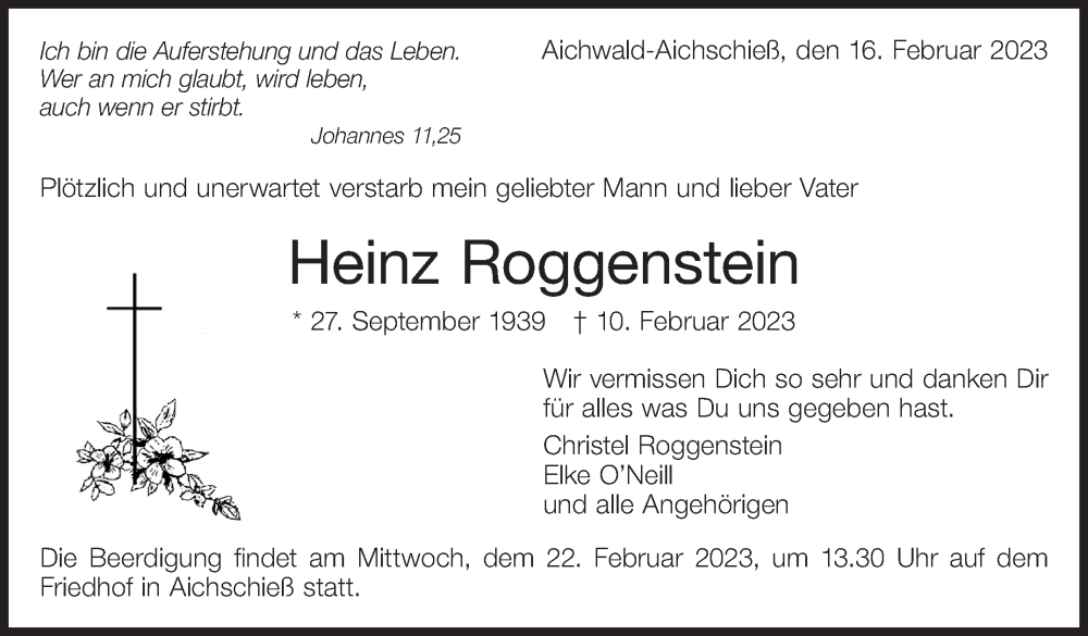  Traueranzeige für Heinz Roggenstein vom 16.02.2023 aus Eßlinger Zeitung/Cannstatter Zeitung