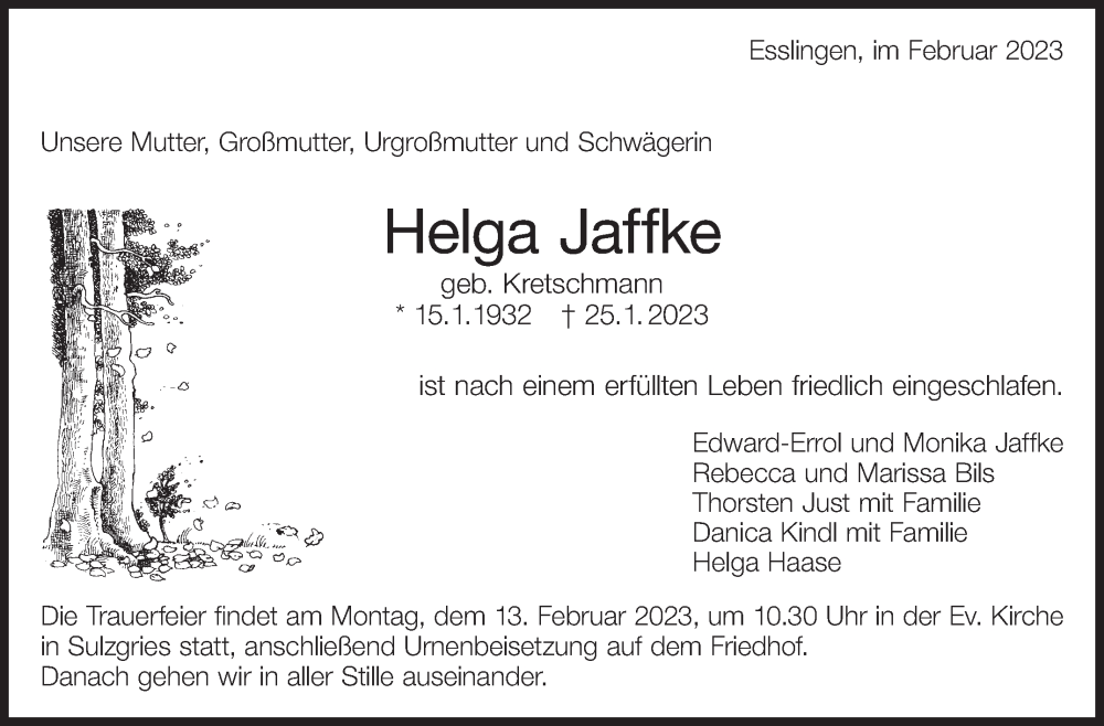  Traueranzeige für Helga Jaffke vom 04.02.2023 aus Eßlinger Zeitung/Cannstatter Zeitung