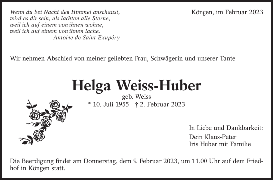 Traueranzeige von Helga Weiss-Huber von Eßlinger Zeitung/Cannstatter Zeitung