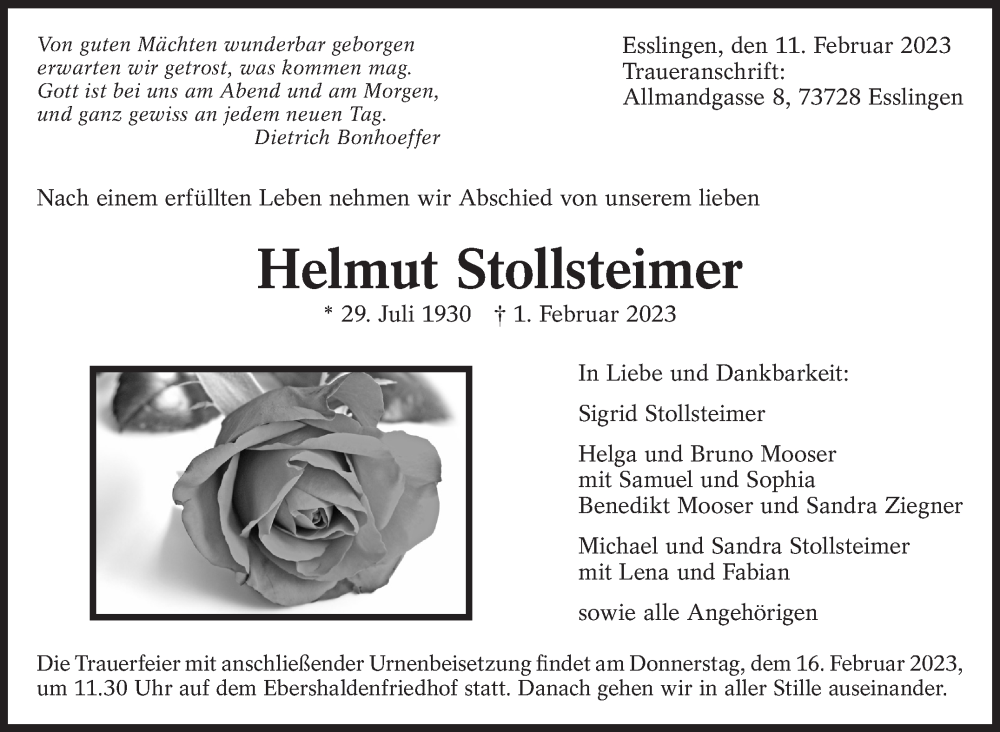  Traueranzeige für Helmut Stollsteimer vom 11.02.2023 aus Eßlinger Zeitung/Cannstatter Zeitung
