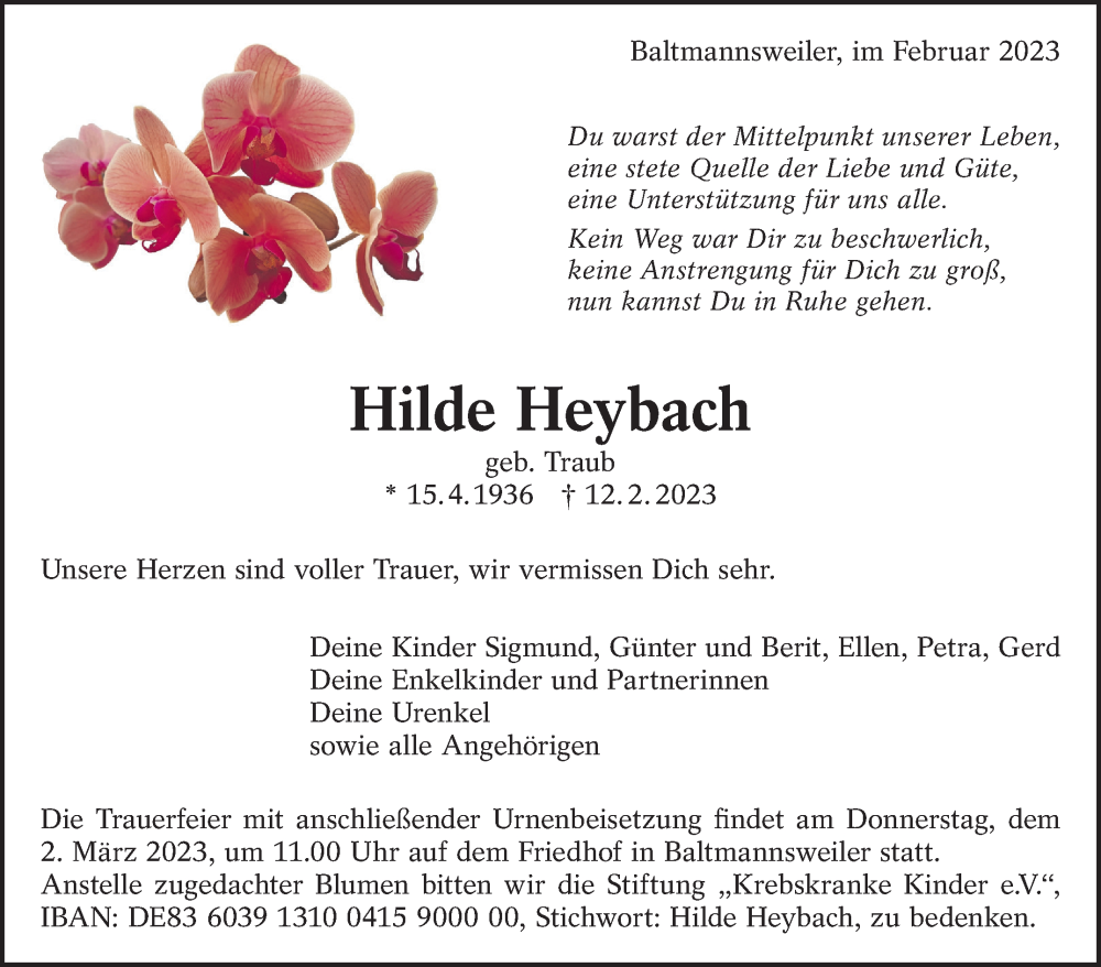  Traueranzeige für Hilde Heybach vom 25.02.2023 aus Eßlinger Zeitung/Cannstatter Zeitung