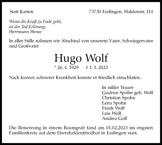 Traueranzeige von Hugo Wolf von Eßlinger Zeitung/Cannstatter Zeitung