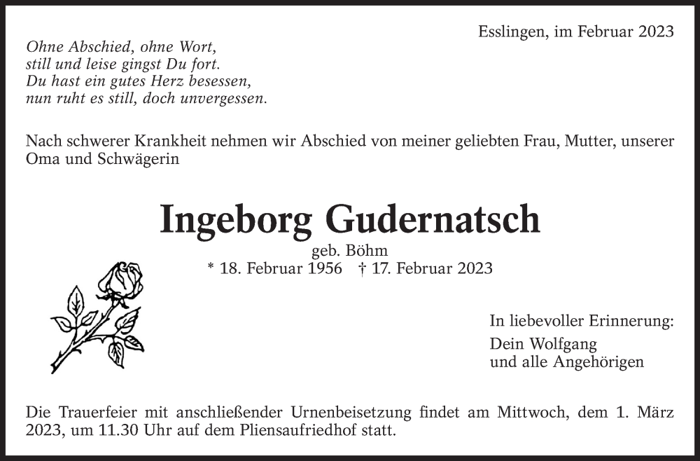  Traueranzeige für Ingeborg Gudernatsch vom 25.02.2023 aus Eßlinger Zeitung/Cannstatter Zeitung